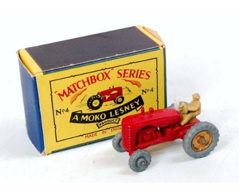 Matchbox 1-75 Series No.4B Massey Harris Tractor, red body, without gold trim, light tan figure driver, metal wheels, gold hu