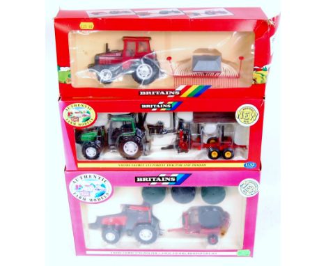 Three boxed modern release Britains farming and tractor implement sets, all in original window boxes, to include; No.09673 Va