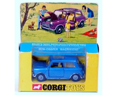 Corgi Toys, 334 Mini Cooper Magnifique, metallic blue body with jewelled headlights and Sunshine roof, in the original blue a