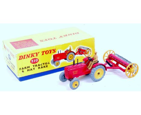 Dinky Toys, 310, Tractor and Hay Rake, comprising of No.300 Massey Harris Tractor and No.324 Hay Rake, finished in red and ye