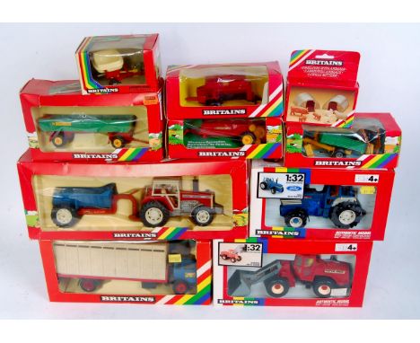 10 various boxed Britains 1/32nd scale Tractors and Farm Implements, all in rainbow window boxes, to include No.9606 MF Tract