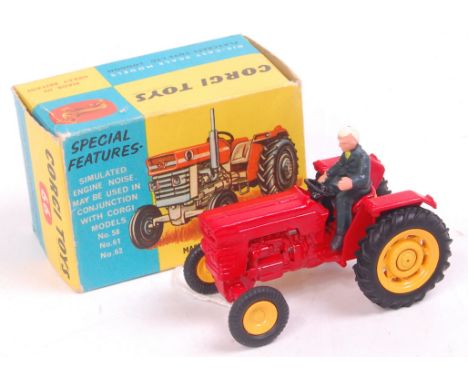 Corgi Toys, 66 Massey Ferguson 165 tractor, repainted red with yellow hubs, in the original blue and yellow all-card box, wit