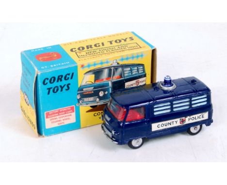 Corgi Toys, 464, Commer Police Van, dark blue body, blue roof light, barred windows, County Police Transfers to sides, red in