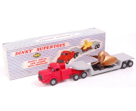 Dinky Toys, 986, Mighty Antar Low Loader with Propeller, red tractor unit, grey low loader trailer, grey hubs, with Propeller