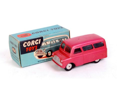 Corgi Toys, 404, Bedford Dormobile, metallic red body, smooth roof, divided windscreen, sold in original blue box, with leafl