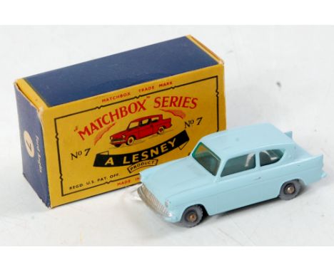 Matchbox 1-75 Series No.7B Anglia, light blue, green tinted windows, silver trim to front and rear, black base, knobbly grey 