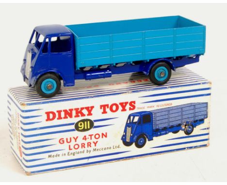 Dinky Toys, 911, Guy 4-Ton Lorry, violet blue cab and chassis, light blue back and hubs, in the original blue and white super