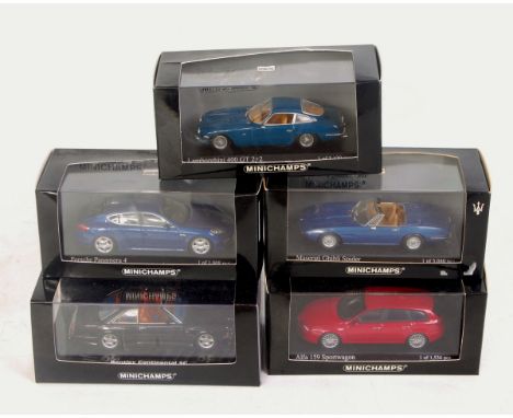 Minichamps 1/43rd scale boxed diecast group, 5 examples to include Alfa 159 Sport Wagon 2006, Maserati Ghibli Spider 1969, La