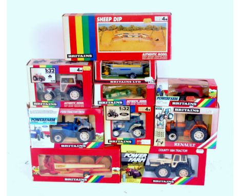 10 various boxed Britains 1/32nd scale Tractors and Farm Implements, all in rainbow window boxes, to include No.9501 MF 3680 