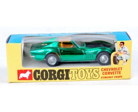 Corgi Toys, 300 Chevrolet Corvette Stingray with golden jacks and take-off wheels, in metallic green with black bonnet, with 