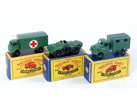 Matchbox 1-75 Series Boxed Military Diecast Group, 3 examples, to include No.61 Ferret Scout Car, No.63 Army Ambulance, and N