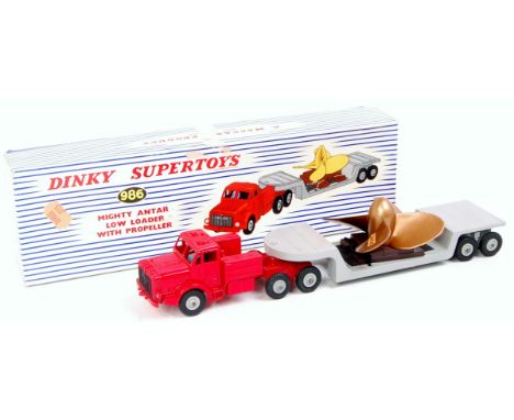 Dinky Toys, No.986 Mighty Antar Low Loader with propeller, comprising of red cab with grey back and grey hubs, with propeller