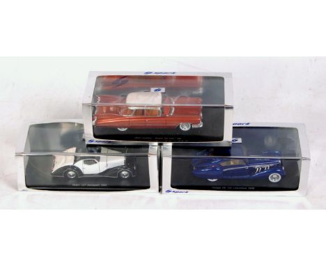 Spark Models 1/43rd scale resin group, 3 cased examples, to include S2707 Delage D8 120 Letourneur 1938, S2915 1959 Cadillac 