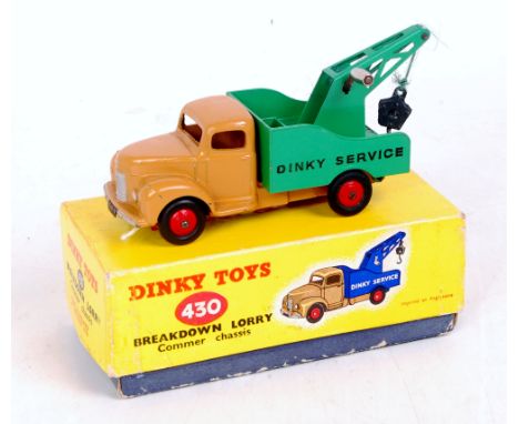 Dinky Toys, 430 breakdown lorry, light brown cab, green back with black logo, red hubs, yellow box, little signs of playwear,