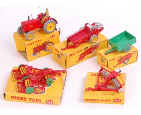 Dinky Toys Boxed Farming Diecast Group, 5 examples, some boxes with end flaps missing, to include No.300 Massey Harris Tracto