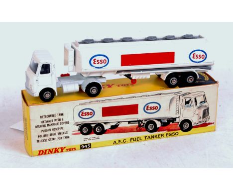 Dinky Toys 945, AEC fuel tanker Esso, white cab and chassis with white tanker, grey filler caps and catwalk, "Esso" rear tran