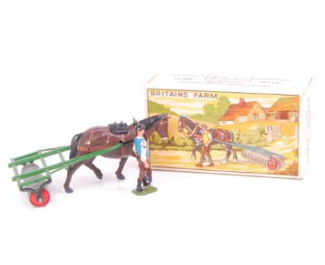 Britains, 9F Farm Series Horse Drawn Roller, comprising brown horse, green roller, and farm figure, in the original duck egg 