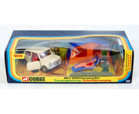 Corgi Toys, Gift Set 38, Mini 1000 camping set, comprising of cream mini with red interior, 2 figures, plastic tent and BBQ, 