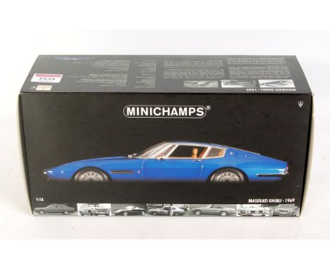 Minichamps 1/18th scale model of a Maserati Ghibli 1969, finished in metallic blue, in the original polystyrene packed box (N