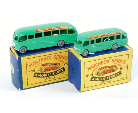 Matchbox 1-75 Series No.21A Bedford Duple Luxury Coach "London to Glasgow", light green, silver trim, metal wheels, in the or