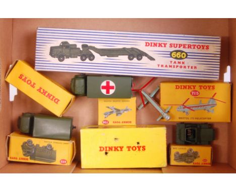 Dinky Toys Boxed Military and Aircraft Group, 7 examples, to include No.660 Tank Transporter, No.715 Bristol 173 Helicopter, 