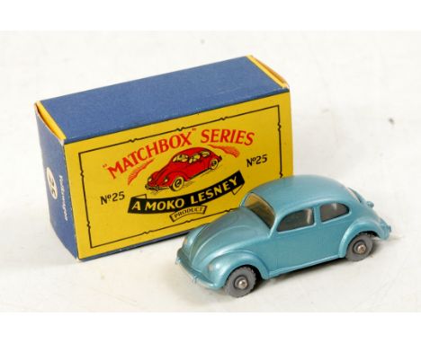 Matchbox 1-75 Series No.25B Volkswagen Saloon, metallic light blue, clear windows, large knobbly grey plastic wheels with rou