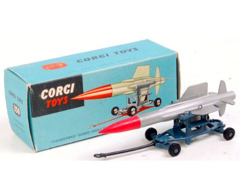 Corgi Toys, 350, Thunderbird guided missile on assembly trolley, RAF blue trolley with plastic wheels, silver missile with re