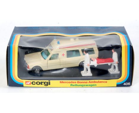 Corgi Toys, 406, Mercedes Bonna Ambulance, comprising of cream ambulance with detailed spoked hubs, with Paramedics and Man o