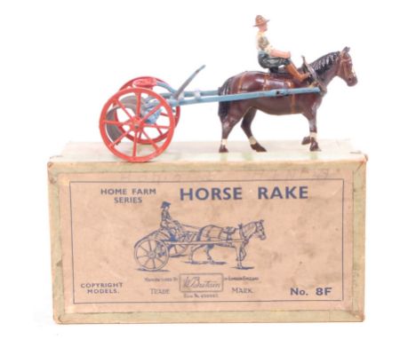 Britains Farm Series, Set 8F - Horse Rake, comprising of light blue Rake with Red Spoked Wheels, Seated Farmer with cream shi