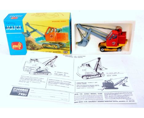 Corgi Toys, 1128 Priestman 'cub' shovel, orange and yellow body, grey shovel and black rubber tracks, in original polystyrene