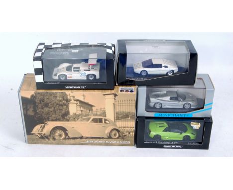 Minichamps 1/43rd scale diecast group, 5 cased examples, to include Lamborghini Bravo 2005, Chaparral 2F Targa Florio 1967, F