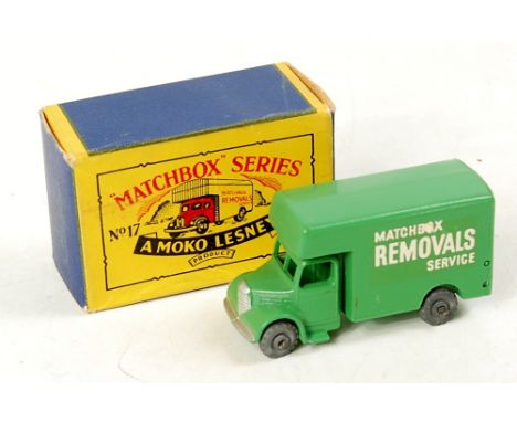 Matchbox 1-75 Series No.17A Bedford "Matchbox Removals Service" Van - light green, silver trim, metal wheels with crimped axl