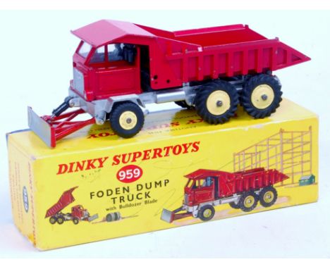 Dinky Toys, 959, Foden Dump Truck with Bulldozer, deep red body and back, with silver chassis and silver blade, light yellow 