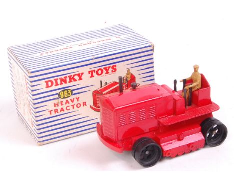 Dinky Toys, 963, Heavy Tractor, red body with tan driver, green tracks, 1 perished, in the original blue and white all card b