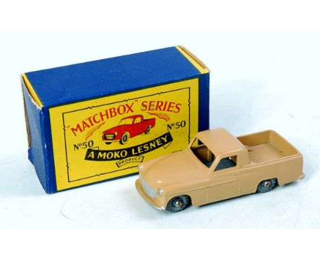 Matchbox 1-75 Series No.50A Commer pick-up, light brown body with metal wheels and silver detailed grille, in the original ty