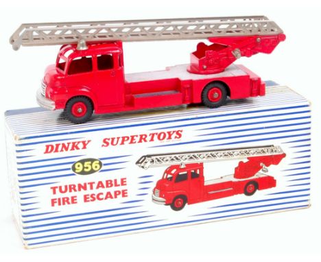 Dinky Toys, 956 turntable fire escape fire engine, red body with silver extending ladder, red hubs with plastic windows, in o