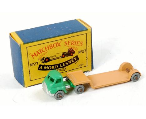 Matchbox 1-75 Series, No.27A Bedford Low Loader, light green cab with silver trim, tan trailer, metal wheels, in the original