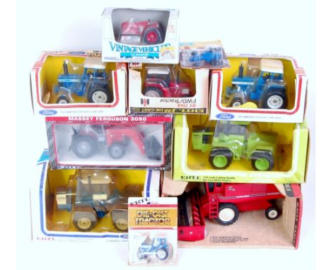 Ten various boxed or carded ERTL mixed scale farming diecast models, to include; International Axial combine, Vintage Vehicle