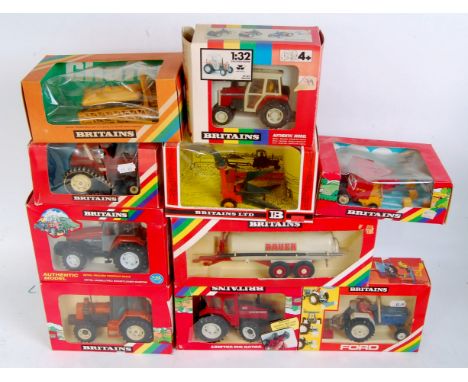 10 various boxed Britains 1/32nd scale Tractors and Farm Implements, all in rainbow window boxes, to include No.9518 Renault 