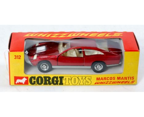 Corgi Toys, 312, Marcos Mantis, dark metallic red, white interior, chrome hubs, in the original yellow and orange window box 