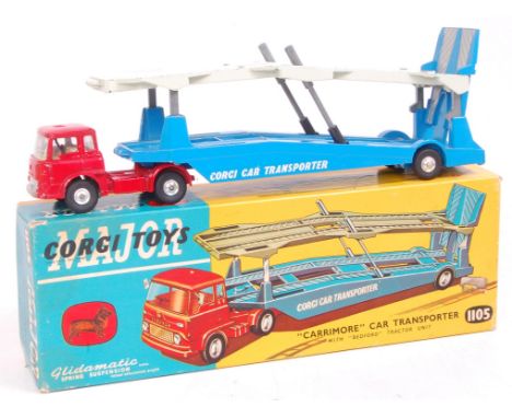 Corgi Toys, 1105 Carrimore car transporter with Bedford tractor unit, red cab, blue back, with inner packing piece, with rare