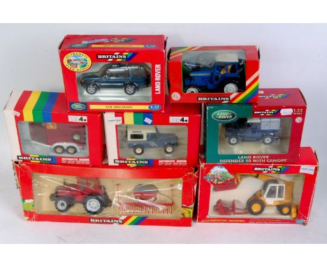 Seven various boxed Britains modern release tractors and farming implements, to include; Land Rover New Discovery, No.9562 ho