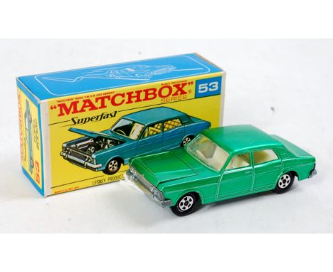 Matchbox Superfast No.53 Ford Zodiac, Metallic emerald green body with off white interior, in the original all card box (M-BM