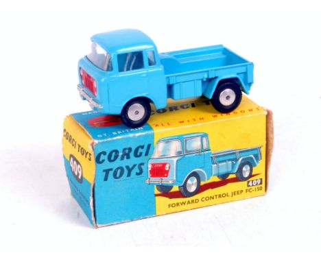 Corgi Toys, 409 forward control Jeep, light blue body with red grille, flat spun hubs, in the original blue and yellow all-ca