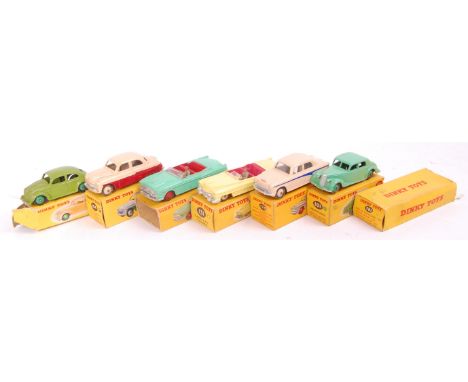 Dinky Toys Boxed Saloon and Road Side Accessory Group, 7 examples, to include No.181 Volkswagen, No.132 Packard Convertible, 