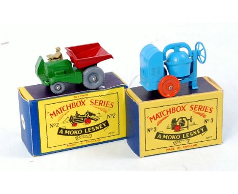 Matchbox 1-75 Series Boxed Diecast Group, 2 examples to include No.2B Site Dumper, with grey plastic wheels, in the original 