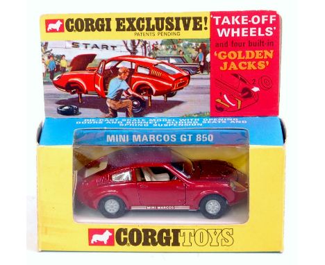 Corgi Toys, 341 Mini Marcos GT850, metallic maroon body with cream interior, golden jacks take-off wheels, in the original bl