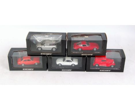 Minichamps 1/43rd scale boxed diecast group, 5 examples as issued, to include Lamborghini 350GT, American Hot Rod, Mini One P