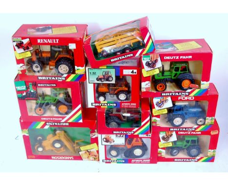 10 various boxed Britains 1/32nd scale Tractors and Farm Implements, all in rainbow window boxes, to include No.9530 Deutz Tr