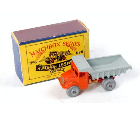 Matchbox 1-75 Series No.6A Quarry Truck, orange cab and chassis, light grey tipper, gold trim, metal wheels, in the original 